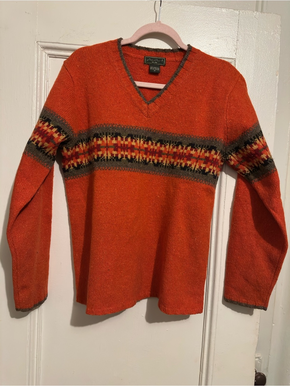 Eddie Bauer Orange V-Neck Vintage wool Sweater with Multicolor Stripe. Size M.